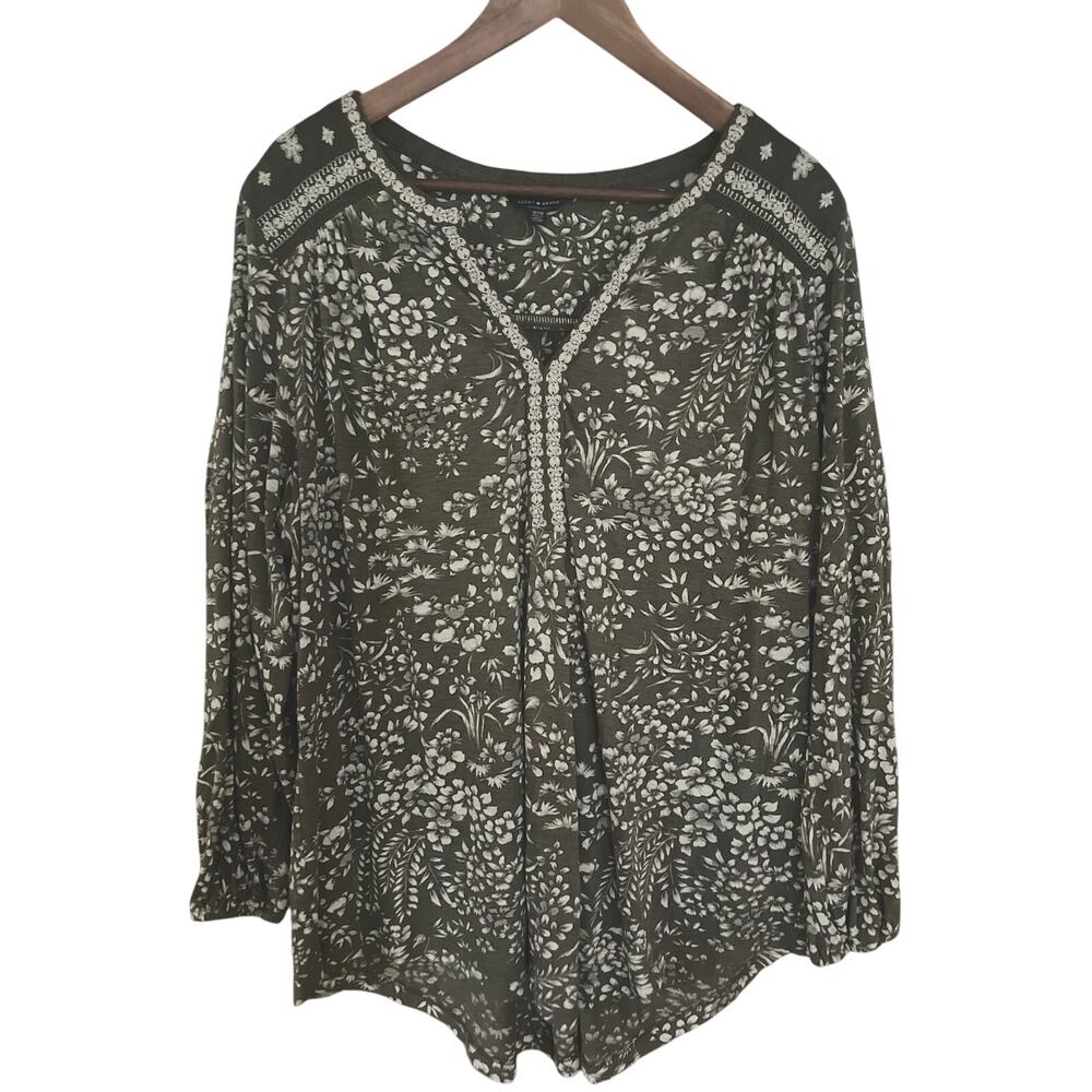 Lucky Brand Boho Olive Green White Cotton Top XL